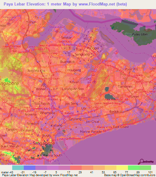 Paya Lebar,Singapore Elevation Map
