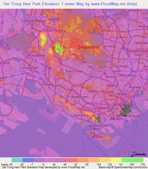 Oei Tiong Ham Park,Singapore Elevation Map