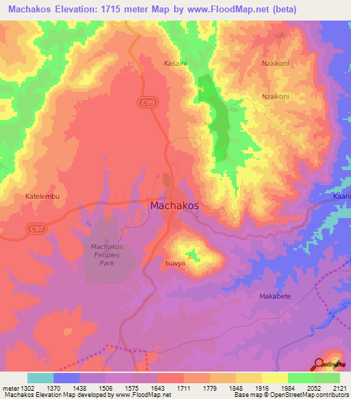 Machakos,Kenya Elevation Map