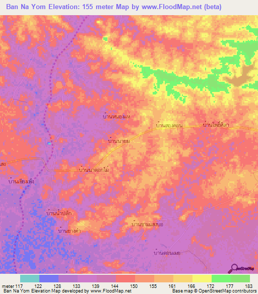 Ban Na Yom,Thailand Elevation Map