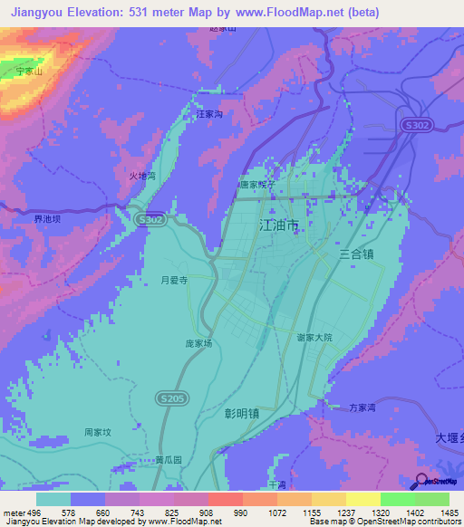 Jiangyou,China Elevation Map