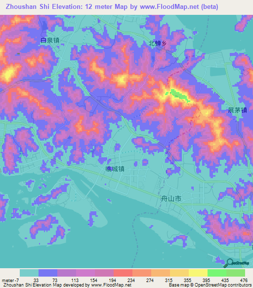 Zhoushan Shi,China Elevation Map