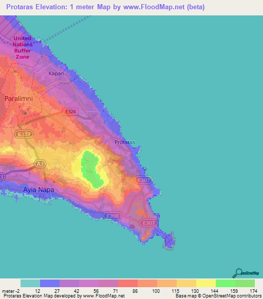 Protaras,Cyprus Elevation Map