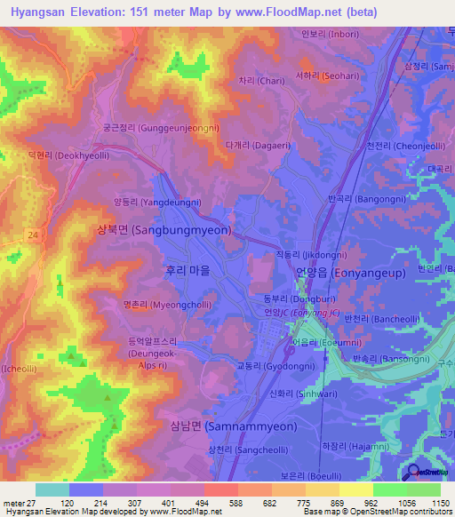 Hyangsan,South Korea Elevation Map