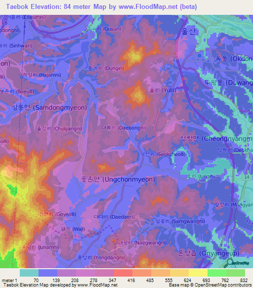 Taebok,South Korea Elevation Map