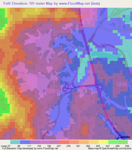 Yulli,South Korea Elevation Map