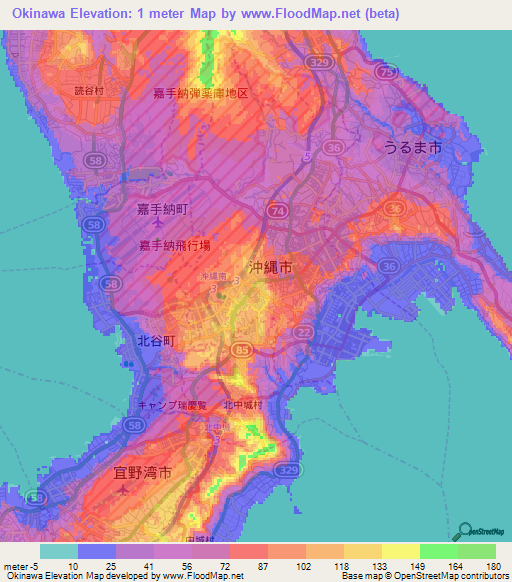 Okinawa,Japan Elevation Map