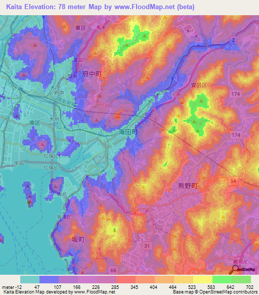 Kaita,Japan Elevation Map