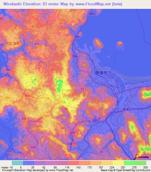 Mirukashi,Japan Elevation Map
