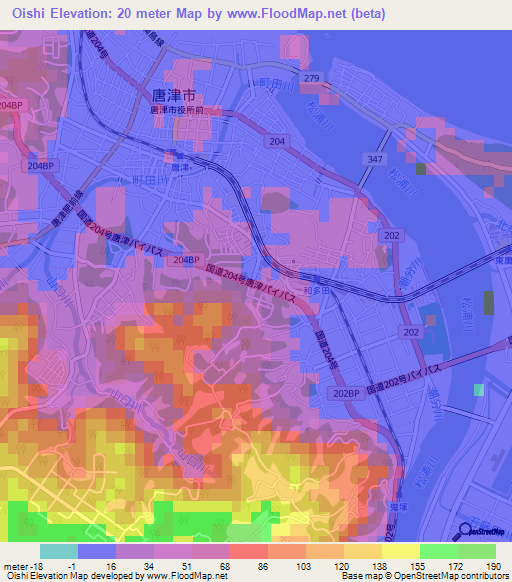 Oishi,Japan Elevation Map
