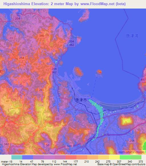 Higashioshima,Japan Elevation Map
