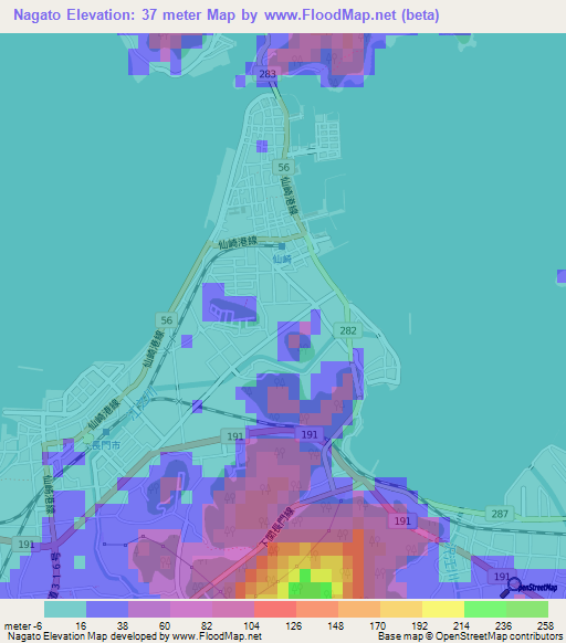 Nagato,Japan Elevation Map