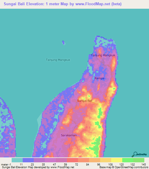 Sungai Bali,Indonesia Elevation Map