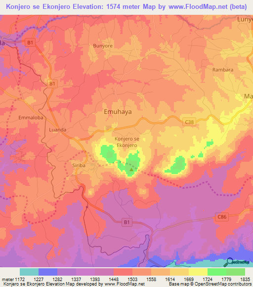 Konjero se Ekonjero,Kenya Elevation Map
