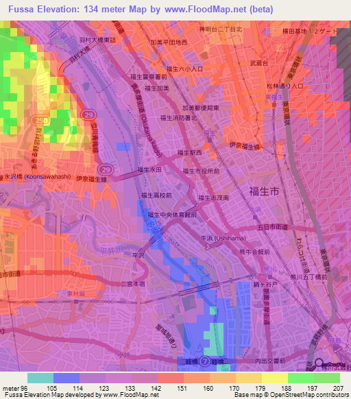 Fussa,Japan Elevation Map