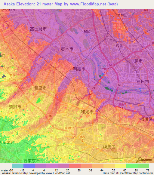 Asaka,Japan Elevation Map