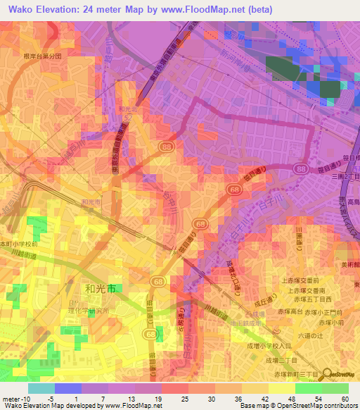 Wako,Japan Elevation Map