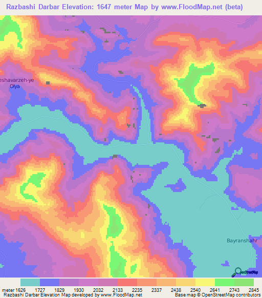 Razbashi Darbar,Iran Elevation Map