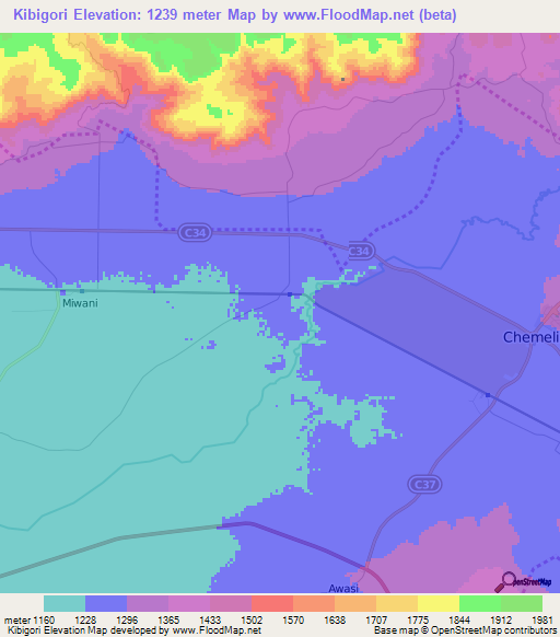 Kibigori,Kenya Elevation Map
