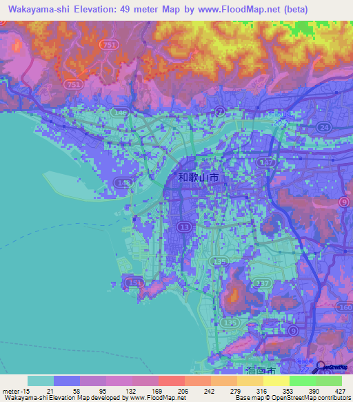 Wakayama-shi,Japan Elevation Map