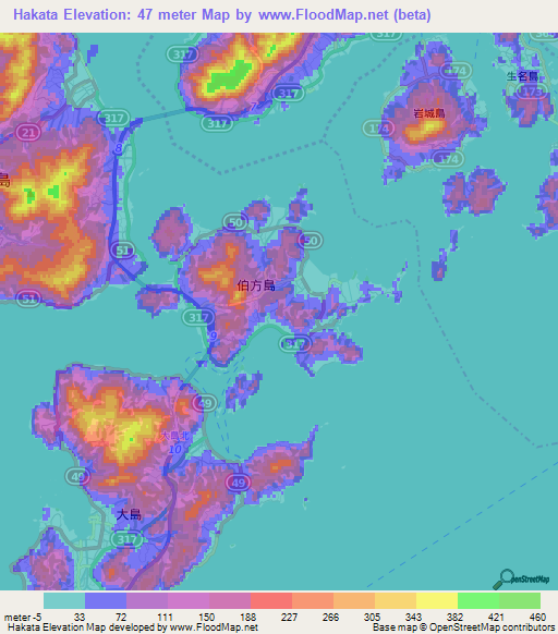 Hakata,Japan Elevation Map