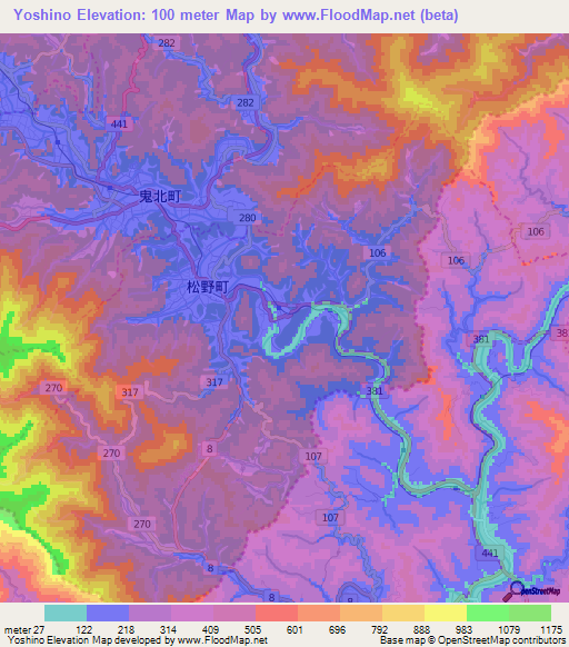 Yoshino,Japan Elevation Map