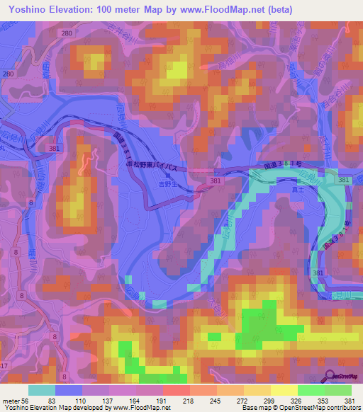 Yoshino,Japan Elevation Map