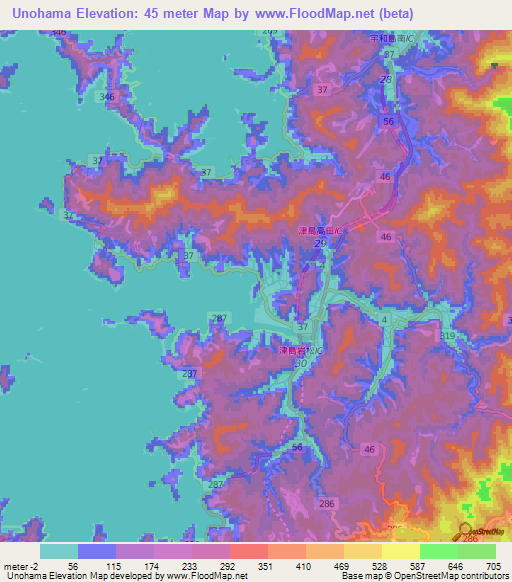 Unohama,Japan Elevation Map