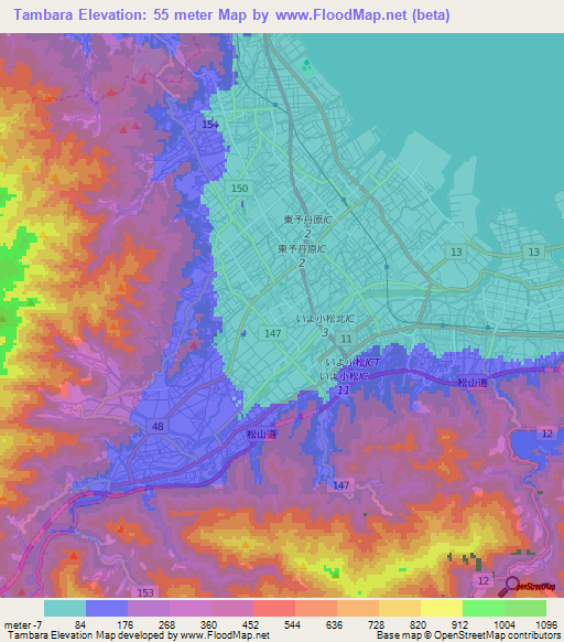 Tambara,Japan Elevation Map