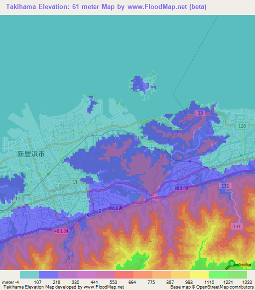 Takihama,Japan Elevation Map