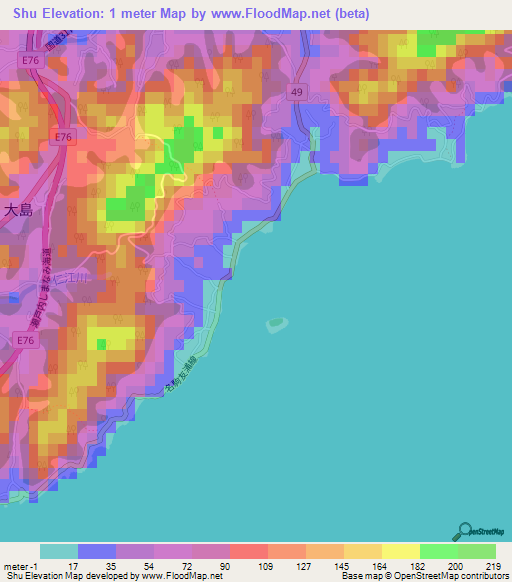 Shu,Japan Elevation Map