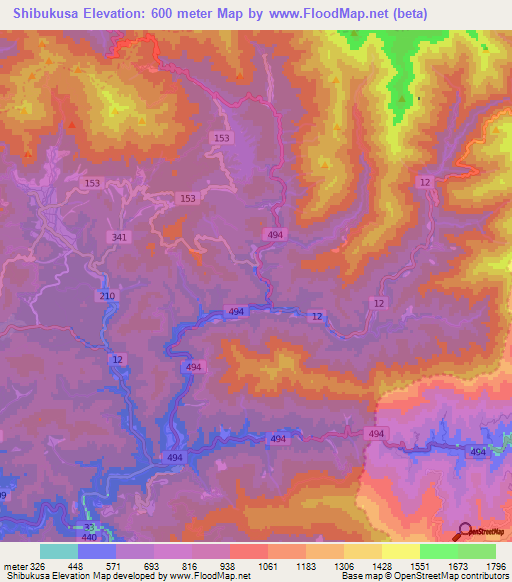Shibukusa,Japan Elevation Map