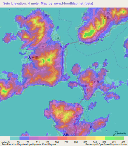 Seto,Japan Elevation Map