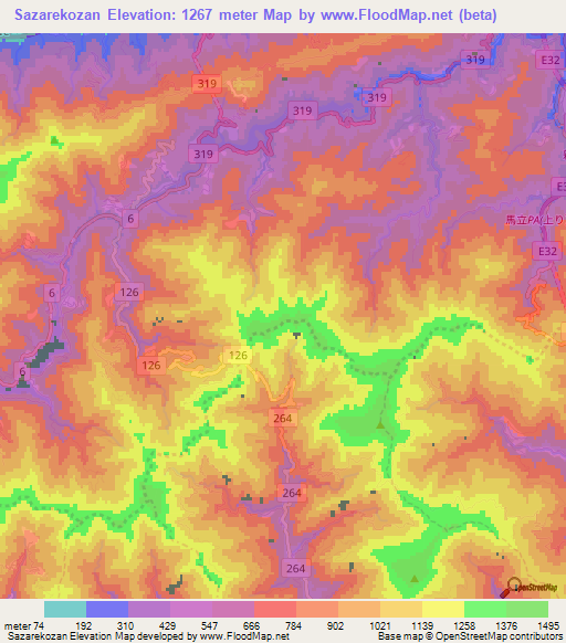Sazarekozan,Japan Elevation Map