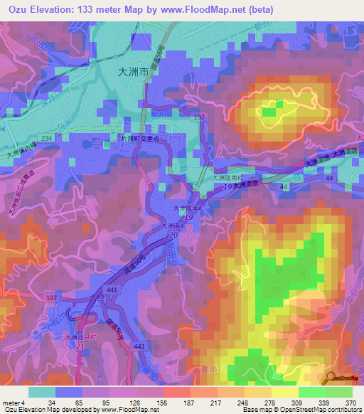 Ozu,Japan Elevation Map
