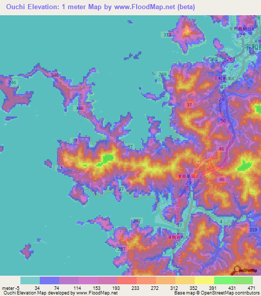 Ouchi,Japan Elevation Map