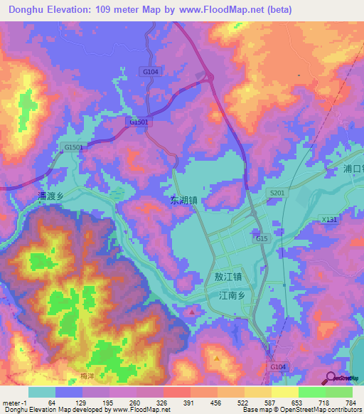 Donghu,China Elevation Map