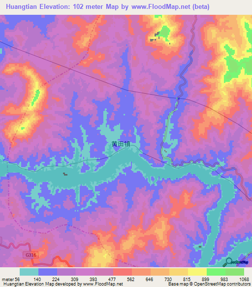 Huangtian,China Elevation Map