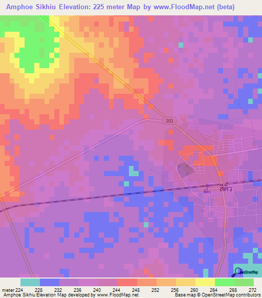 Amphoe Sikhiu,Thailand Elevation Map