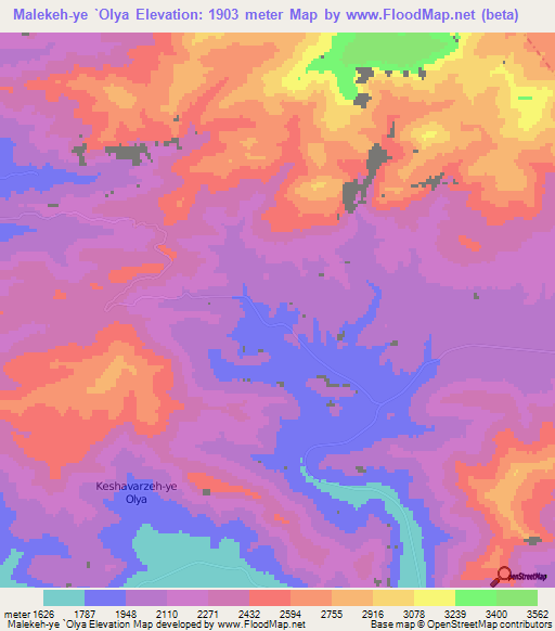 Malekeh-ye `Olya,Iran Elevation Map