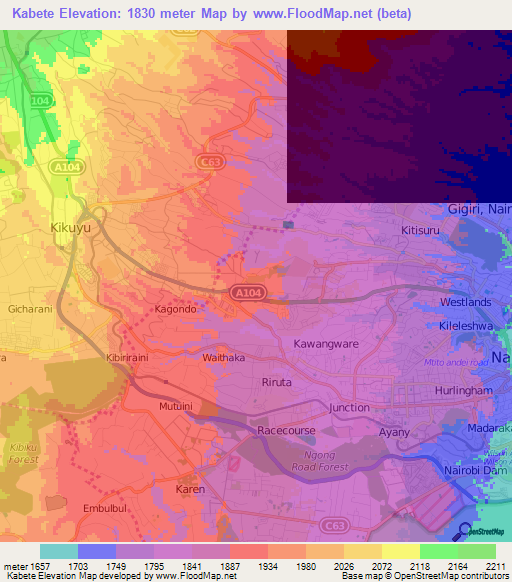 Kabete,Kenya Elevation Map