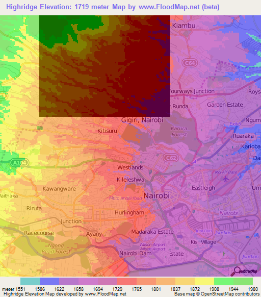 Highridge,Kenya Elevation Map
