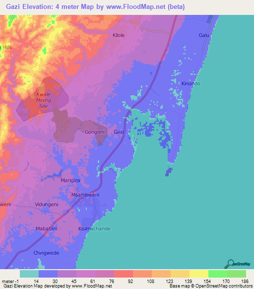 Gazi,Kenya Elevation Map