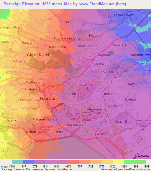 Eastleigh,Kenya Elevation Map
