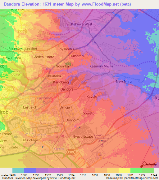 Dandora,Kenya Elevation Map