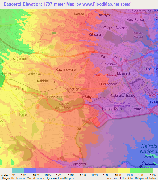 Dagoretti,Kenya Elevation Map