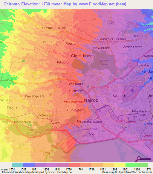 Chiromo,Kenya Elevation Map