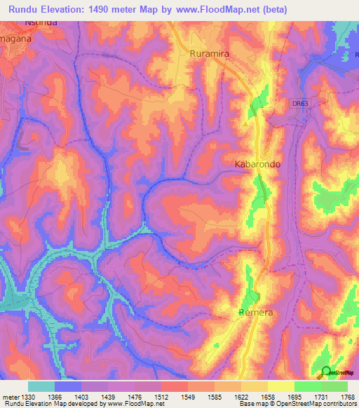 Rundu,Rwanda Elevation Map