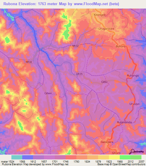 Rubona,Rwanda Elevation Map