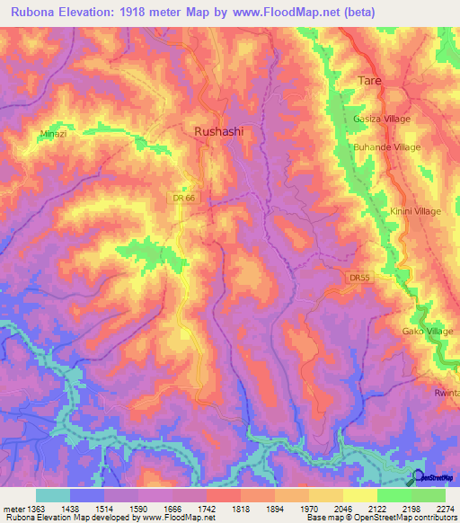 Rubona,Rwanda Elevation Map